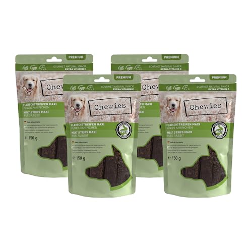 Chewies Fleischstreifen Maxi Hundeleckerli aus 100% Kaninchenfleisch - 4 x 150 g - luftgetrocknete Kaninchen Kaustreifen für Hunde - zuckerfrei & getreidefrei - Dörrfleisch vom Kaninchen Chewies Fleischstreifen Maxi Hundeleckerli aus 100% Kaninchenfleisch - 4 x 150 g - luftgetrocknete Kaninchen Kaustreifen für Hunde - zuckerfrei & getreidefrei - Dörrfleisch vom Kaninchen von Chewies