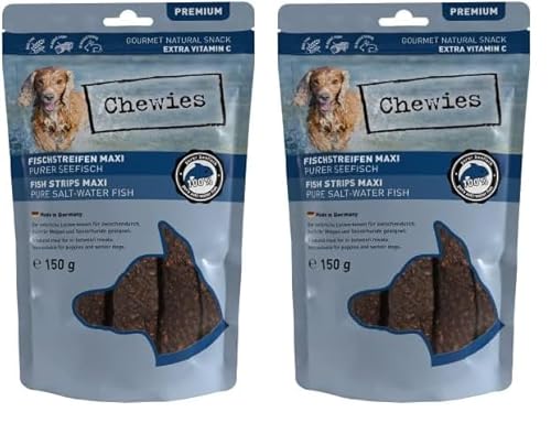 Chewies Fleischstreifen Maxi Hundeleckerli aus 100% Seefisch - 150 g - luftgetrocknete Fisch Kaustreifen für Hunde - natürlich & getreidefrei - Dörrfisch (Packung mit 2) von Chewies