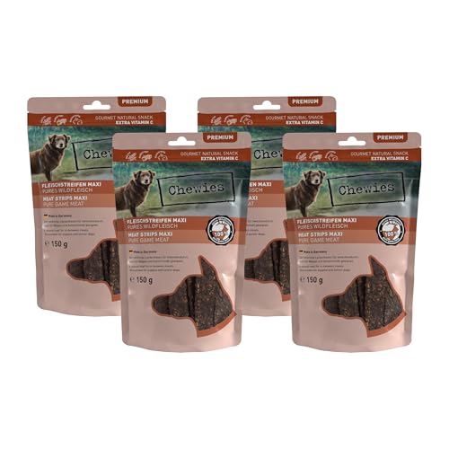 Chewies Fleischstreifen Maxi Hundeleckerli aus 100% Wildfleisch - 4 x 150 g - luftgetrocknete Wild Kaustreifen für Hunde - zuckerfrei & getreidefrei - Dörrfleisch vom Wild Chewies Fleischstreifen Maxi Hundeleckerli aus 100% Wildfleisch - 4 x 150 g - luftgetrocknete Wild Kaustreifen für Hunde - zuckerfrei & getreidefrei - Dörrfleisch vom Wild von Chewies