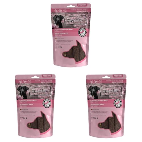 Chewies Fleischstreifen Maxi aus 100% Lamm - 150 g - Fleischstreifen für Hunde - getrocknete Lammfleisch Kaustreifen - hypoallergen & getreidefrei - Dörrfleisch vom Lamm (Packung mit 3) von Chewies