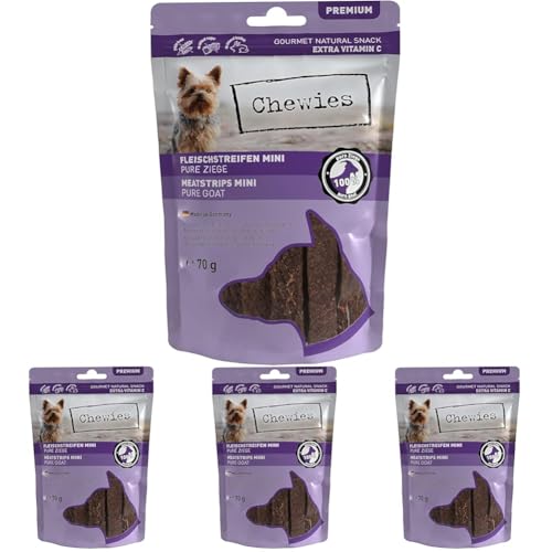 Chewies Fleischstreifen Mini aus 100% Ziege - 70 g - Fleischstreifen für Hunde - getrocknete Ziegenfleisch Kaustreifen - hypoallergen & getreidefrei - Dörrfleisch von der Ziege (Packung mit 4) von Chewies