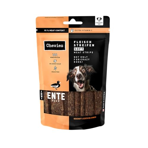 Chewies Fleischstreifen Soft Mini Hundeleckerli Ente, 95% Muskelfleisch - 8 x 70g - luftgetrocknete Enten Kaustreifen für Hunde - Dörrfleisch proteinreich, zuckerfrei & getreidefrei von Chewies