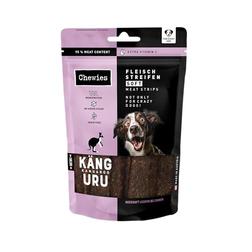 Chewies Fleischstreifen Soft Mini Hundeleckerli Känguru, 95% Muskelfleisch - 8 x 70g - luftgetrocknete Kaustreifen für Hunde - Dörrfleisch proteinreich, zuckerfrei & getreidefrei von Chewies