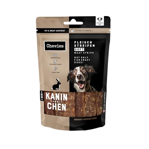 Chewies Fleischstreifen Soft Mini Hundeleckerli Kaninchen, 95% Muskelfleisch - 8 x 70g - luftgetrocknete Kaustreifen für Hunde - Dörrfleisch proteinreich, zuckerfrei & getreidefrei von Chewies