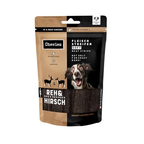 Chewies Fleischstreifen Soft Mini Hundeleckerli REH & Hirsch, 95% Muskelfleisch - 8 x 70g - luftgetrocknete Kaustreifen für Hunde - Wild Dörrfleisch proteinreich, zuckerfrei & getreidefrei von Chewies