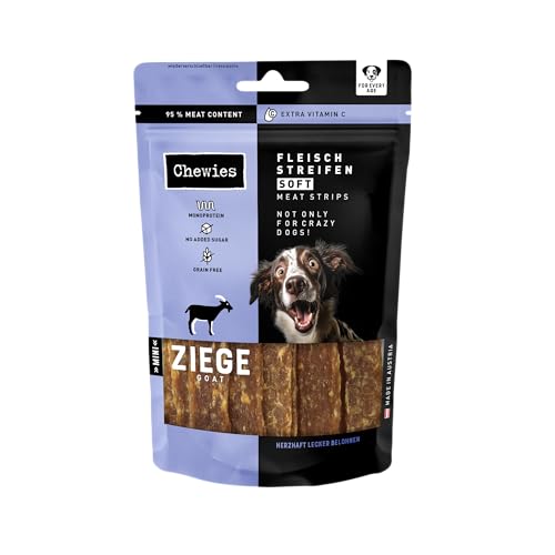 Chewies Fleischstreifen Soft Mini Hundeleckerli Ziege, 95% Muskelfleisch - 8 x 70g - luftgetrocknete Kaustreifen für Hunde - Ziegen Dörrfleisch proteinreich, zuckerfrei & getreidefrei von Chewies