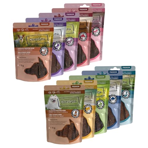 Chewies Hundeleckerli Mix-Paket, proteinreiche Fleischstreifen 10 x 70g für Hunde - Rind, Seefisch, Lamm, Ente, Wild, Pferd, Ziege, Känguru, Kaninchen & Geflügel - Snack ohne Zucker von Chewies