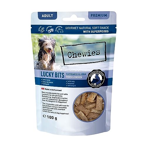 Chewies Lucky Bits Flussbarsch & Huhn Adult Hundeleckerli - Hunde-Leckerlis getreidefrei & Soft mit viel Protein und Superfoods wie Bierhefe oder Ginkgo, ohne Zucker (100 g) von Chewies