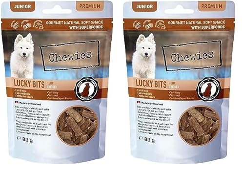 Chewies Lucky Bits Huhn Junior Hundeleckerli für Welpen - Hundeleckerlis getreidefrei & Soft mit viel Protein und Superfoods wie Bierhefe oder Ginkgo, ohne Zucker (80 g) (Packung mit 2) von Chewies