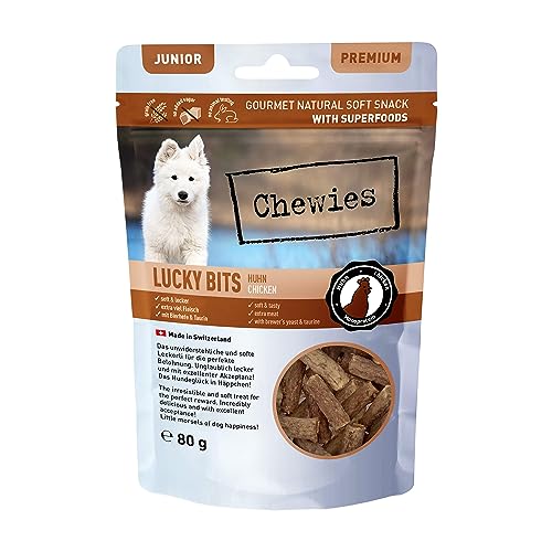 Chewies Lucky Bits Huhn Junior Hundeleckerli für Welpen - Hundeleckerlis getreidefrei & Soft mit viel Protein und Superfoods wie Bierhefe oder Ginkgo, ohne Zucker (80 g) von Chewies