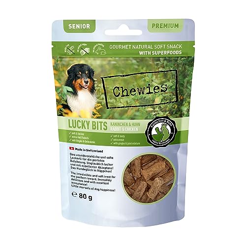 Chewies Lucky Bits Kaninchen & Huhn Senior Hundeleckerli - Hunde-Leckerlis getreidefrei & Soft mit viel Protein und Superfoods wie Bierhefe oder Ginkgo, ohne Zucker (80 g) von Chewies