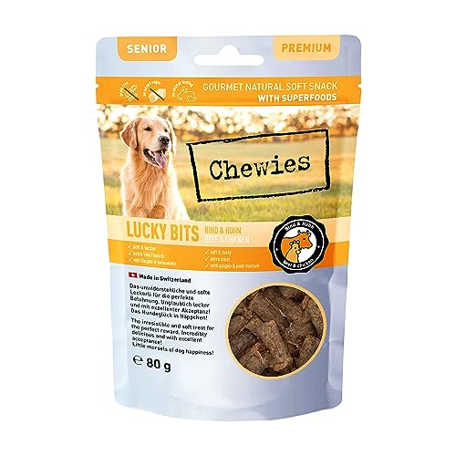 Chewies Lucky Bits Rind & Huhn Senior Hundeleckerli - Hunde-Leckerlis getreidefrei & Soft mit viel Protein und Superfoods wie Bierhefe oder Ginkgo, ohne Zucker (80 g) von Chewies