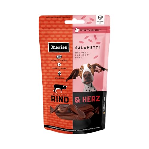 Chewies SALAMETTI Rind & Herz - Hundeleckerli getreidefrei, mit Protein, ohne Zucker & schonend luftgetrocknet, reich an Vitaminen & Mineralstoffen (8 x 200g) von Chewies