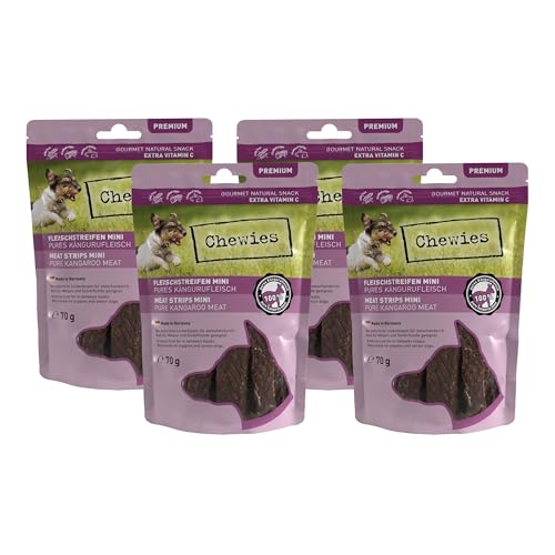 Fleischstreifen MINI Hundeleckerli aus 100% Kängurufleisch - 4 x 70 g - Snack für kleine Hunde - luftgetrocknete Känguru Kaustreifen - hypoallergen & getreidefrei - Dörrfleisch vom Känguru Fleischstreifen MINI Hundeleckerli aus 100% Kängurufleisch - 4 x 70 g - Snack für kleine Hunde - luftgetrocknete Känguru Kaustreifen - hypoallergen & getreidefrei - Dörrfleisch vom Känguru von Chewies