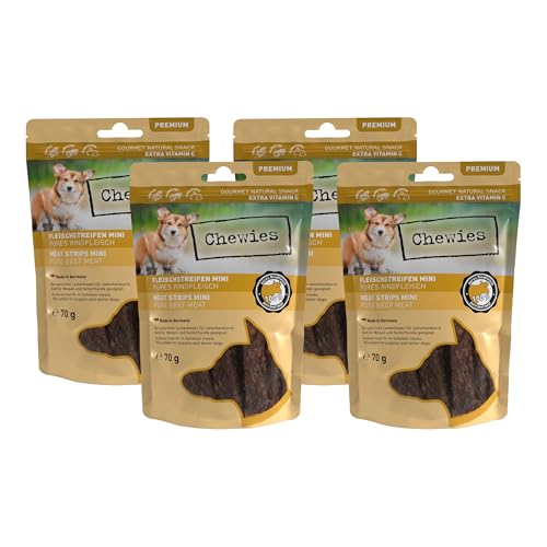 Fleischstreifen MINI Hundeleckerli aus 100% Rindfleisch - 4 x 70 g - Snack für kleine Hunde - luftgetrocknete Rinder Kaustreifen - hypoallergen & getreidefrei - Dörrfleisch vom Rind Fleischstreifen MINI Hundeleckerli aus 100% Rindfleisch - 4 x 70 g - Snack für kleine Hunde - luftgetrocknete Rinder Kaustreifen - hypoallergen & getreidefrei - Dörrfleisch vom Rind von Chewies