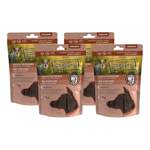 Fleischstreifen MINI Hundeleckerli aus 100% Wildfleisch - 4 x 70 g - Snack für kleine Hunde - luftgetrocknete Wild Kaustreifen - hypoallergen & getreidefrei - Dörrfleisch vom Wild Fleischstreifen MINI Hundeleckerli aus 100% Wildfleisch - 4 x 70 g - Snack für kleine Hunde - luftgetrocknete Wild Kaustreifen - hypoallergen & getreidefrei - Dörrfleisch vom Wild von Chewies