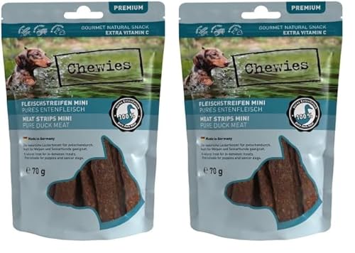 Fleischstreifen Mini Hundeleckerli aus 100% Entenfleisch - 70 g - Snack für kleine Hunde - luftgetrocknete Enten Kaustreifen - hypoallergen & getreidefrei - Dörrfleisch von der Ente (Packung mit 2) von Chewies