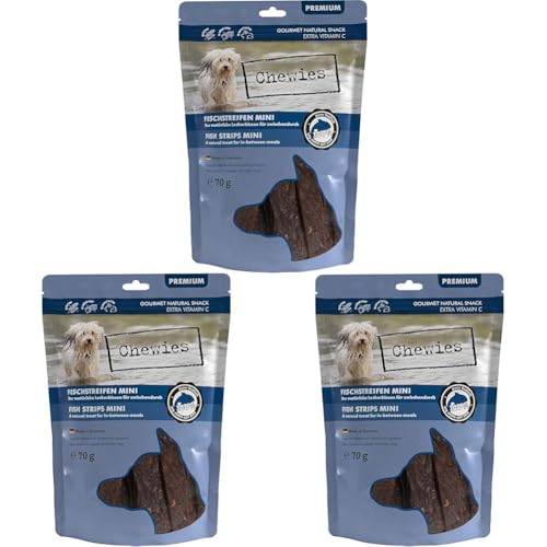 Fleischstreifen Mini Hundeleckerli aus 100% Seefisch - 70 g - Fischstreifen Snack für kleine Hunde - luftgetrocknete Fisch Kaustreifen - natürlich & getreidefrei - Dörrfisch (Packung mit 3) von Chewies