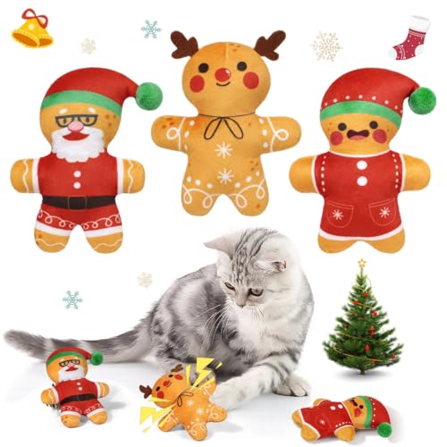 3 Stück Katzenminze Lebkuchenspielzeug Plüsch Weihnachten Kauspielzeug für Katzen Urlaub Knisterspielzeug Set von Chewtoyo