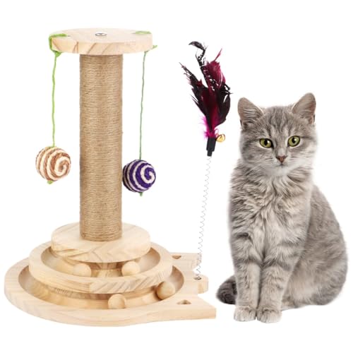 Chewtoyo Katzenspielzeug mit hängenden Bällen, Holz Zweistöckige Schienen Katzenkratzbaum, Interaktives Kätzchen Sisal Kratzspielzeug für Indoor Katzen und Kätzchen von Chewtoyo