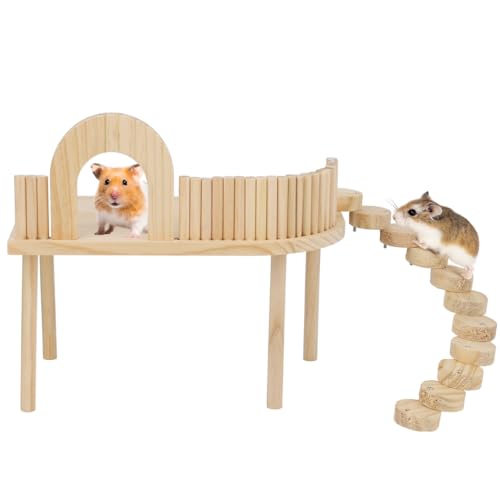 Chewtoyo Kleintiere Aktivitätsspielzeug mit Meerschweinchen-Spielplatz, Hamster-Spielplattform mit Kletterleiter, Eichhörnchen, Rennmaus, Eichhörnchen, Ratte mit Zaun, Holzständer für kleine Haustiere von Chewtoyo