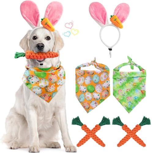 Entzückende Hundekostüme für Ostern, 8-teiliges Dorakitten-Set mit Hasenohren, Stirnbändern, niedlichem Bandana und lustiger Karottenform, Kauspielzeug, ideales Geschenk für Hunde und Welpen von Chewtoyo