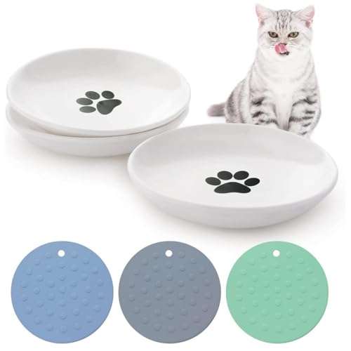 【Katze Fütterung Flache Breite Schalen Geschirr】Keramik Katzenfutter Teller, Katze Nass Katze Stress Relief Schalen für Schnurrhaare Müdigkeit für Kleintiere und Kätzchen mit Anti-Rutsch-Matte von Chewtoyo