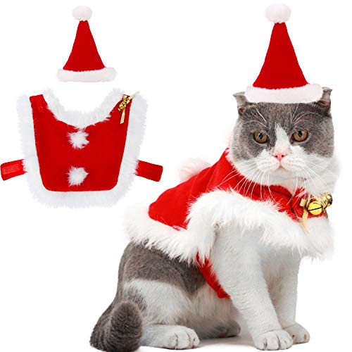 Katzen-Weihnachtsmann-Outfit, verstellbarer Weihnachtsumhang mit Glocke und Hut von Chewtoyo