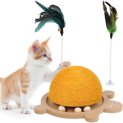 Spielzeug Kratzbaum Katze Interaktiv, Training Übung fördern, Juckreiz lindern Pfoten zu Board Kratzen Katzenform Schildkröte Niedlich Bälle Track Holz & Spielzeug Feder mit Ball Scratcher Katze von Chewtoyo