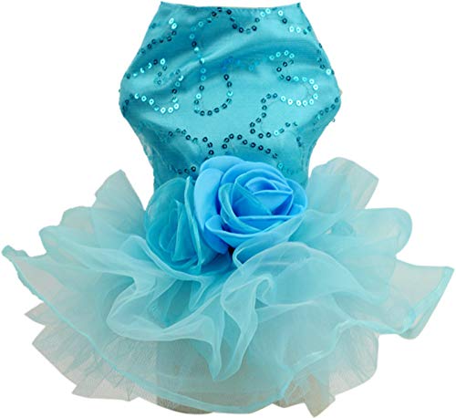 ChezAbbey Haustierkostüm Ballett Blume Bling Pailletten Prinzessin Tutu Tüllrock Hochzeitskleid Outfits Bekleidung Sommerkleidung Welpen Shirt für kleine mittlere große Katzen Kitty Hund Mädchen Blau XS von ChezAbbey