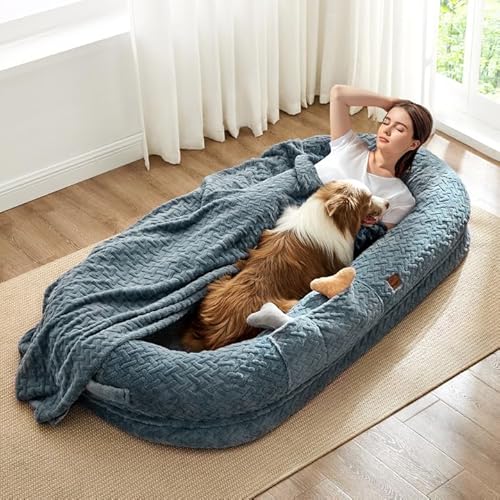 ChiXnuggle Luxuriöses Hundebett, großes Hundebett für Erwachsene, mit tragbarem Griff, orthopädisches Schaumstoff-Hundebett mit Decke, 183 x 114 x 25 cm, Graublau von ChiXnuggle