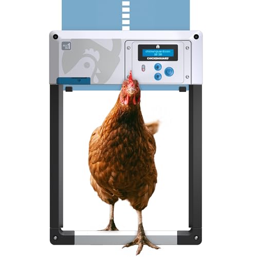 Hühnerklappe Automatisch ChickenGuard All-in-One, Hühnerstalltürfarben in Vier Farben, Timer/Lichtsensor, Auto-Stop, Raubtiersicher, Wintermodus-Power-Boost, Batterien Enthalten (Blaue Tür) von CHICKENGUARD