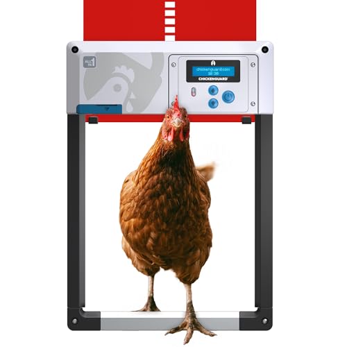 Hühnerklappe Automatisch ChickenGuard All-in-One, Hühnerstalltürfarben in Vier Farben, Timer/Lichtsensor, Auto-Stop, Raubtiersicher, Wintermodus-Power-Boost, Batterien Enthalten (Rote Tür) von CHICKENGUARD