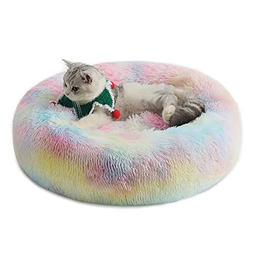 Chickw1 Rund Hundebett für Hunde und Katzen, Warm Weich Katzenbett Donut Plüsches Bett, Waschbar rutschfest Base Haustierbett für Kleine, Mittelgroße und Große Hunde (120CM,Regenbogen) von Chickwing