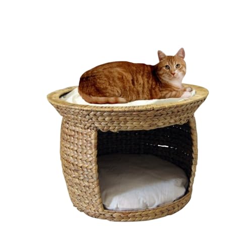 Katzen Liegeturm aus Wasserhyazinthe – Rückzugsort mit Kissen – Natürlicher Korb in Natur-Wollweiß – 53x53x37 cm von Chillroi