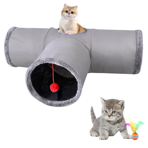 Katzentunnel, 3 Wege Faltbarer Kitty Tunnel, Katzenröhre mit Loch, Plüschball und Federspielzeug, T-Förmiger Katzenspieltunnel, Cat Tunnel Labyrinth für Katzen, Kaninchen, Meerschweinchen Grau von Chingcoo