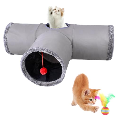 Faltbar Katzentunnel Katzenspielzeug, 3-Wege Katzentunnel mit 1 Loch und Katzenspielzeug Ball, Schön T-förmiger Katzenspieltunnel für Katzen, Kaninchen und Meerschweinchen, (T- Grau) von Chingcoo