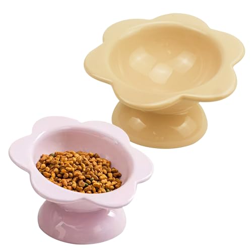 Chistepper Erhöhter Katzennapf aus Keramik, 200 ml, Blumenform, Katzenfutter, geneigter Futternapf zum Schutz der Wirbelsäule des Haustiers (lila, gelb) von Chistepper