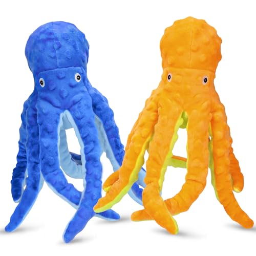 Chngeary 2 Pack Octopus Hundespielzeug für große Hunde, quietschendes Hundespielzeug mit lebendigem Oktopus-Aussehen, weichem Stoff und stabilem Hundespielzeug für Indoor-Spielen (Gelb + Blau) von Chngeary