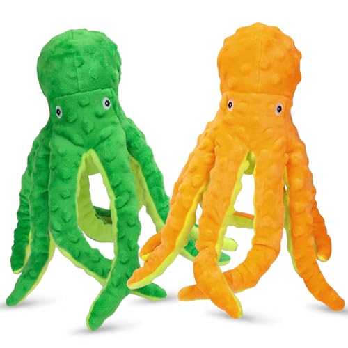 Chngeary 2 Pack Octopus Hundespielzeug für große Hunde, quietschendes Hundespielzeug mit lebendigem Oktopus-Aussehen, weichem Stoff und stabilem Hundespielzeug für Indoor-Spielen (Grün + Gelb) von Chngeary