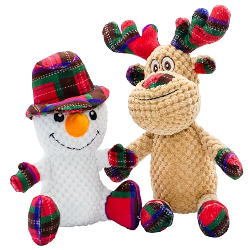 Hund Weihnachten Schneemann und Rentier Spielzeug mit Squeaker, 2 Pack Hundespielzeug mit Crinkle Papier, weiche Haustier Spielzeug für Zähne, interaktive Plüsch Hund für kleine & mittlere Hunde von Chongqile