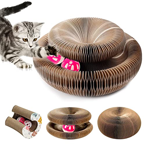 Kratzmatte Katzen Kratzbrett Faltbares, Kratzpappe für Katzen Rund mit 2 Spielzeug Glocke Ball, Magisches Scratchy Katzenspielzeug Pappe Ring, Wellpappenpapier Interaktives Kratzspielzeug für Katzen von Choonjin