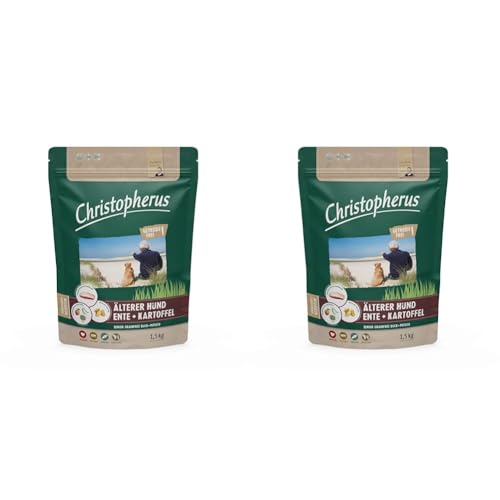 Christopherus Grainfree Senior, Vollnahrung für futtersensible Hunde ab dem 6. Jahr, Trockenfutter, Ente + Kartoffel, Krokettengröße ca. 1 cm, Älterer Hund, 1,5 kg (Packung mit 2) von Christopherus