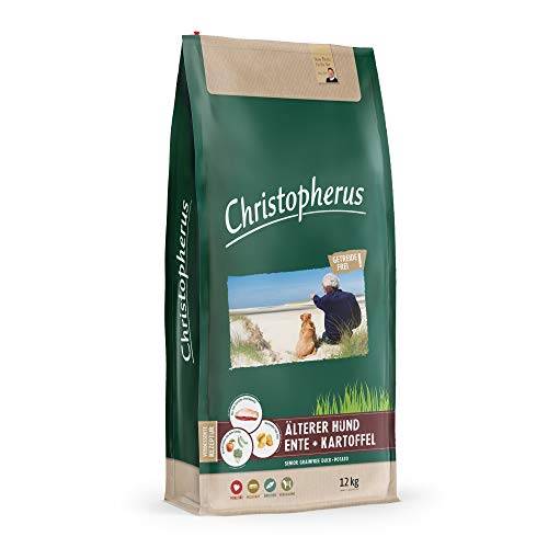 Christopherus Grainfree Senior, Vollnahrung für futtersensible Hunde ab dem 6. Jahr, Trockenfutter, Ente + Kartoffel, Krokettengröße ca. 1 cm, Älterer Hund, 12 kg von Christopherus