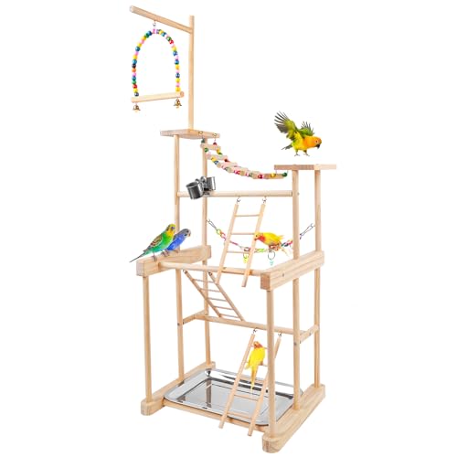 Chuiendi Vogelspielplatz, Vogelspielständer Papageien-Sitzstange, Naturholz, Spielstation für Sittiche, Sittiche, Nymphensittiche, Wellensittiche, Wellensittiche, mit Futterbecher, Schaukeln, Leiter von Chuiendi