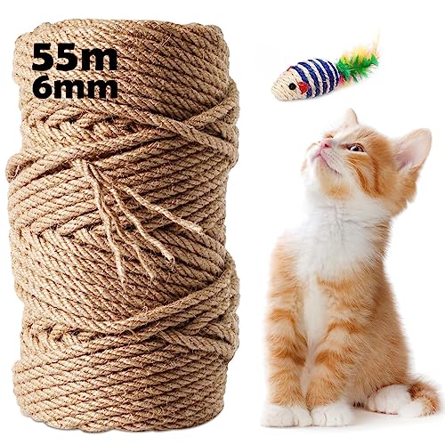 Sisalseil 55M, 6MM Natur Sisal Seil für Kratzbaum, Sisal Kratzbaum Ersatz für Katzen, Kratzbaum, Kratzseil, Haushalt, Verpackung, DIY Kunst-Handwerk, Floristik, Dekoration (55M x 6MM) von Chuner