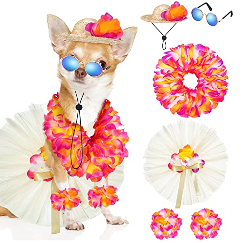 6 Stück Halloween Haustier Hund Hawaii Kostüm beinhaltet Hund Tutu Rock Hund Sonnenbrille Sommer Gras Hundekleider mit Strohhut und Girlande Hund Outfit Hund Kostüme für Hunde Welpen Hawaii Luau Party Supplies von Chunful