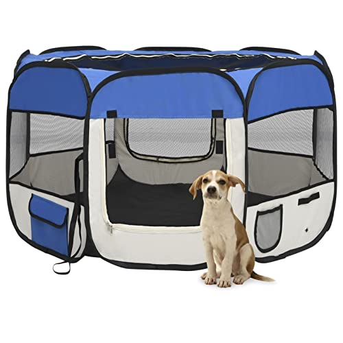 Chusui Faltbarer Welpenlaufstall mit Tragetasche, Welpenlaufstall, Laufstall Hund, Hundelaufstall, Hundepark, Katzengehege, Hundezelt, Auslauf Für Hunde, Blau 110x110x58 cm von Chusui