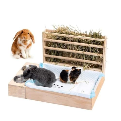 3 in 1 Kaninchen-Heu-Futterstation mit Katzentoilette aus Holz, Hasenklo Heu Halter Rack für Kaninchen, Meerschweinchen, Hamster, Frettchen von CiCixixi