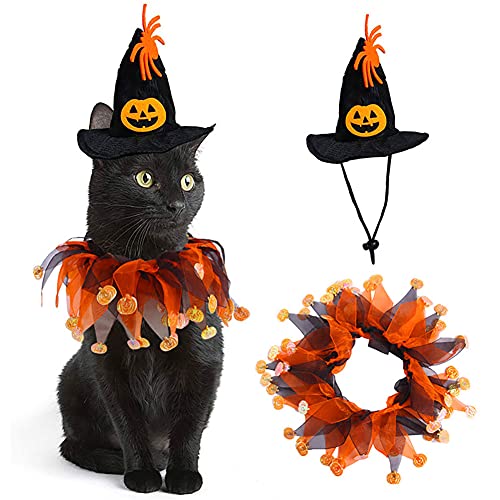 Cicano Halloween Katze Kostüm Hexe Umhang Zauberer Hut 2 Stück Set Hund Cosplay Kleid Kürbis von Cicano